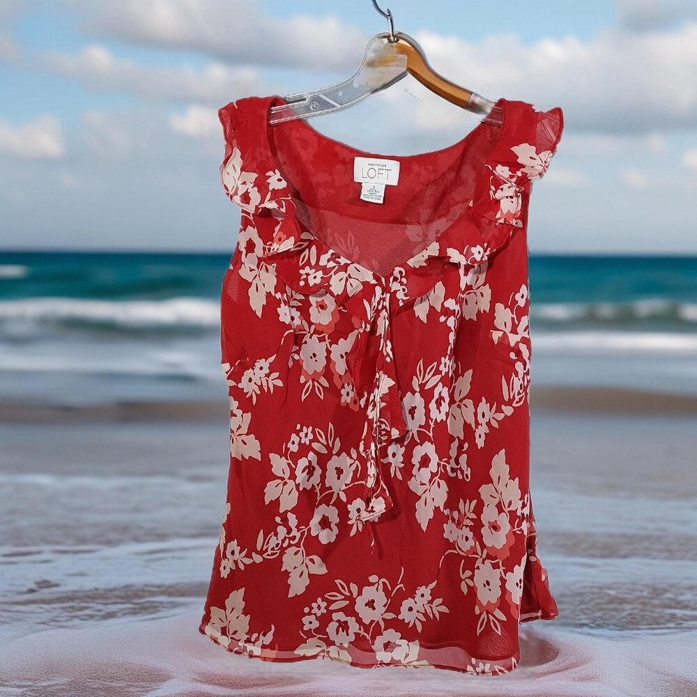 Ann Taylor Loft Silk Ruffle Sleeveless Blouse Red White Pink Beach Summercore